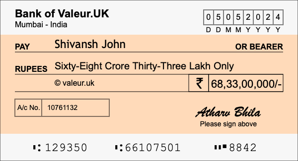 How to write a cheque for 68.33 crore rupees