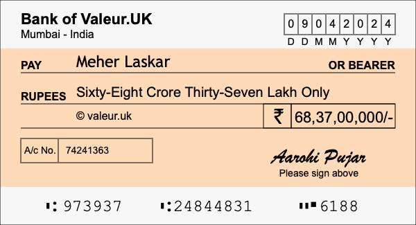 How to write a cheque for 68.37 crore rupees