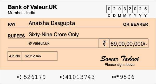 How to write a cheque for 69 crore rupees