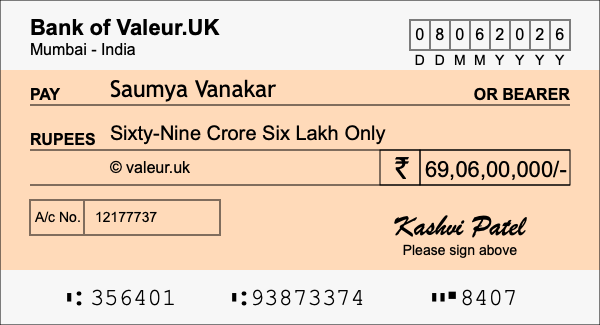 How to write a cheque for 69.06 crore rupees How to write a cheque for 69.06 crore rupees