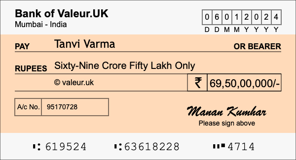 How to write a cheque for 69.5 crore rupees