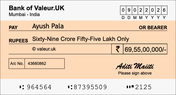 How to write a cheque for 69.55 crore rupees