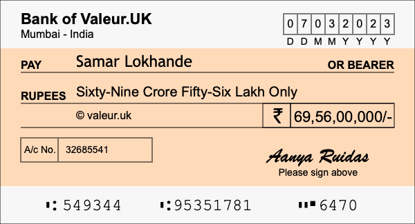 How to write a cheque for 69.56 crore rupees