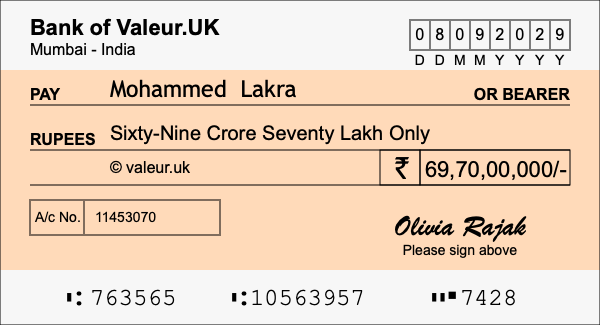 How to write a cheque for 69.7 crore rupees
