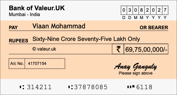 How to write a cheque for 69.75 crore rupees