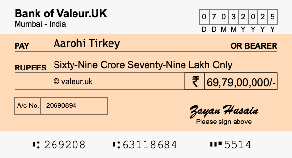How to write a cheque for 69.79 crore rupees