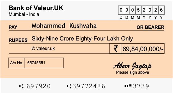 How to write a cheque for 69.84 crore rupees How to write a cheque for 69.84 crore rupees