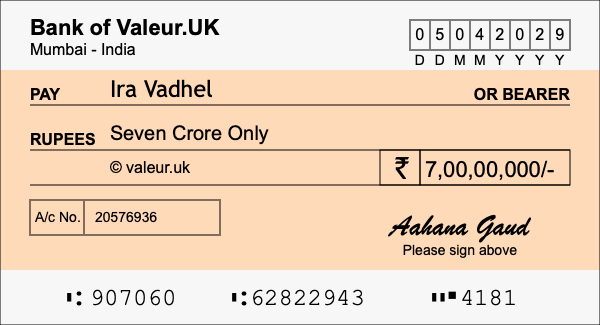 How to write a cheque for 7 crore rupees