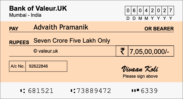 How to write a cheque for 7.05 crore rupees How to write a cheque for 7.05 crore rupees