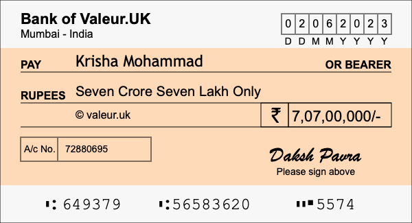 How to write a cheque for 7.07 crore rupees How to write a cheque for 7.07 crore rupees