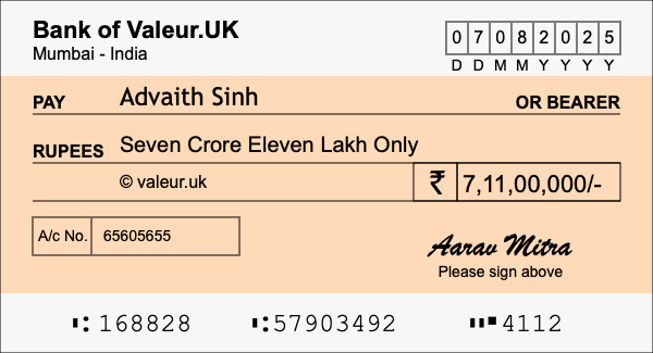 How to write a cheque for 7.11 crore rupees How to write a cheque for 7.11 crore rupees