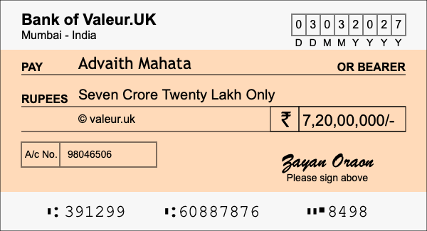 How to write a cheque for 7.2 crore rupees How to write a cheque for 7.2 crore rupees
