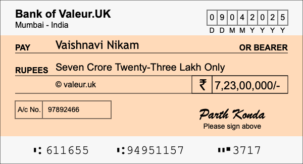 How to write a cheque for 7.23 crore rupees