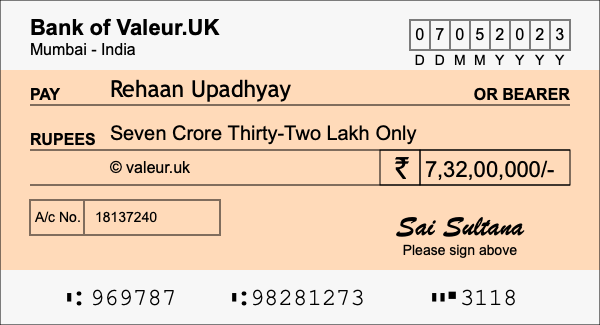 How to write a cheque for 7.32 crore rupees How to write a cheque for 7.32 crore rupees