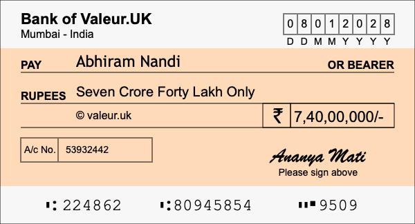 How to write a cheque for 7.4 crore rupees How to write a cheque for 7.4 crore rupees
