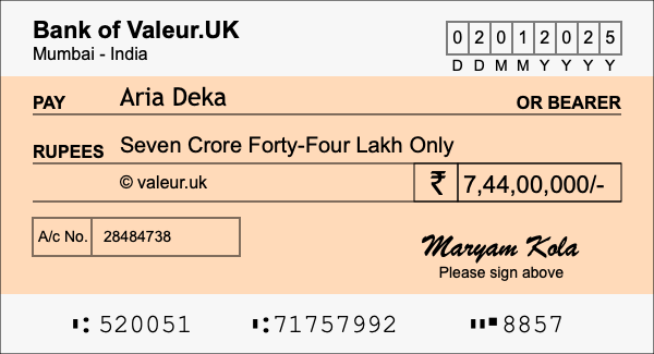 How to write a cheque for 7.44 crore rupees How to write a cheque for 7.44 crore rupees