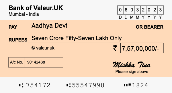How to write a cheque for 7.57 crore rupees