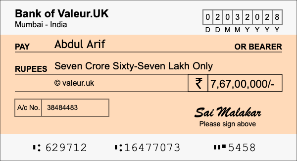 How to write a cheque for 7.67 crore rupees How to write a cheque for 7.67 crore rupees