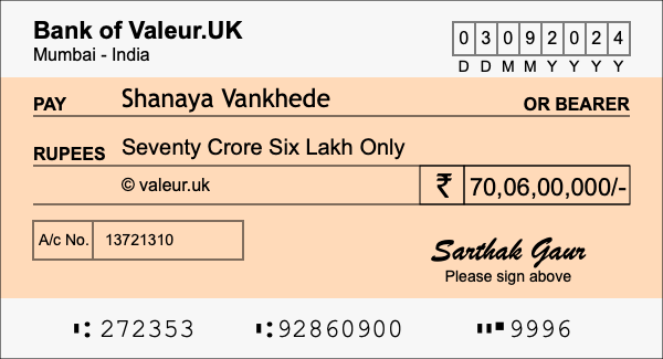 How to write a cheque for 70.06 crore rupees How to write a cheque for 70.06 crore rupees