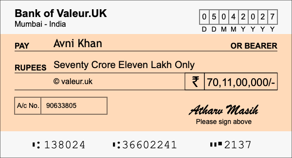 How to write a cheque for 70.11 crore rupees How to write a cheque for 70.11 crore rupees