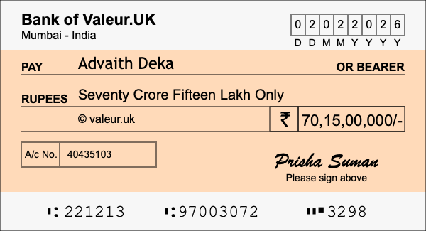 How to write a cheque for 70.15 crore rupees How to write a cheque for 70.15 crore rupees