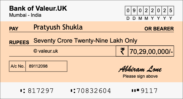 How to write a cheque for 70.29 crore rupees