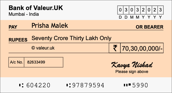 How to write a cheque for 70.3 crore rupees