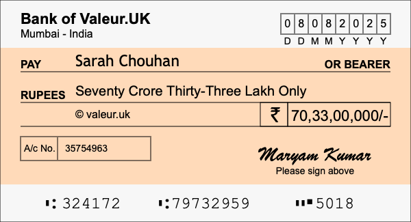 How to write a cheque for 70.33 crore rupees