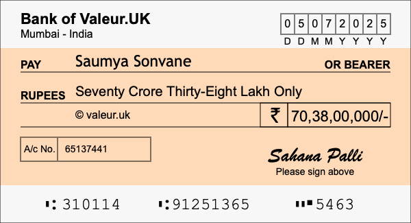 How to write a cheque for 70.38 crore rupees