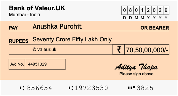 How to write a cheque for 70.5 crore rupees