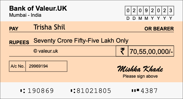 How to write a cheque for 70.55 crore rupees