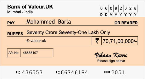 How to write a cheque for 70.71 crore rupees
