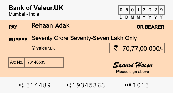 How to write a cheque for 70.77 crore rupees