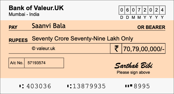How to write a cheque for 70.79 crore rupees