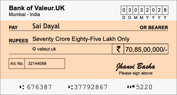 How to write a cheque for 70.85 crore rupees