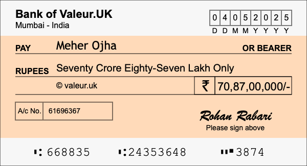 How to write a cheque for 70.87 crore rupees How to write a cheque for 70.87 crore rupees