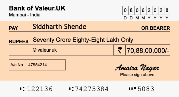 How to write a cheque for 70.88 crore rupees
