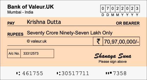 How to write a cheque for 70.97 crore rupees