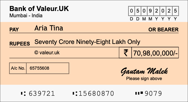 How to write a cheque for 70.98 crore rupees