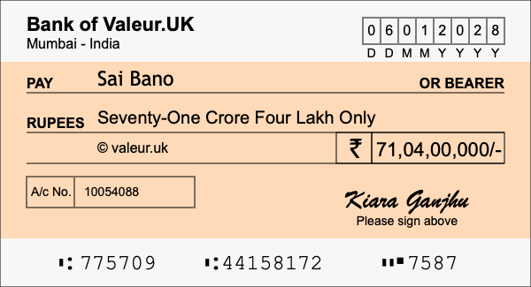 How to write a cheque for 71.04 crore rupees
