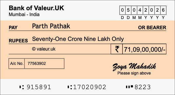 How to write a cheque for 71.09 crore rupees