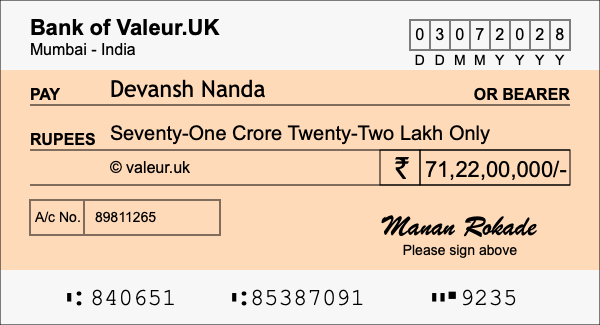 How to write a cheque for 71.22 crore rupees