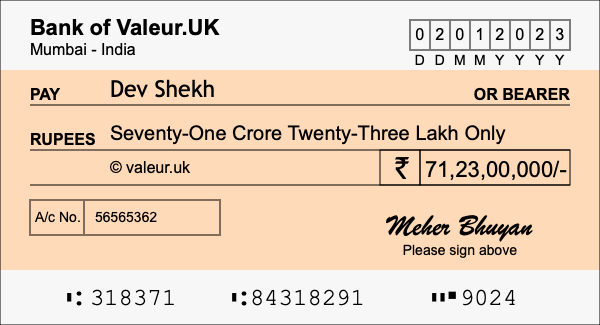 How to write a cheque for 71.23 crore rupees