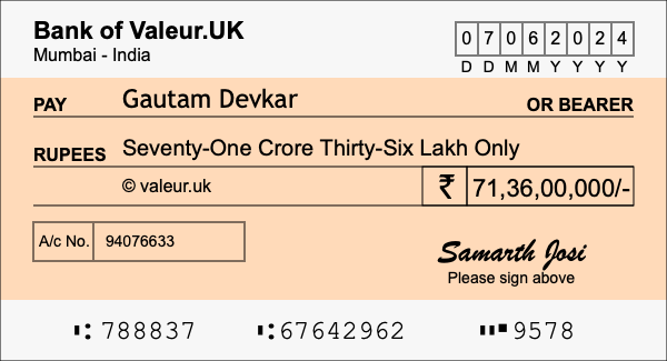 How to write a cheque for 71.36 crore rupees
