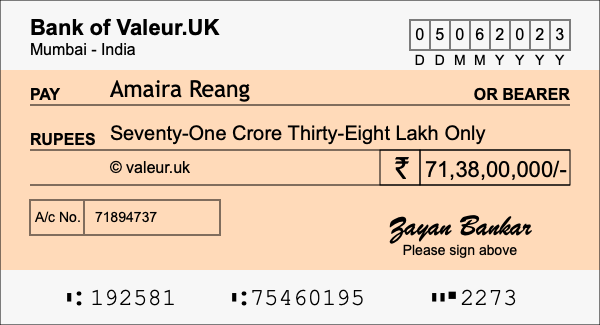 How to write a cheque for 71.38 crore rupees