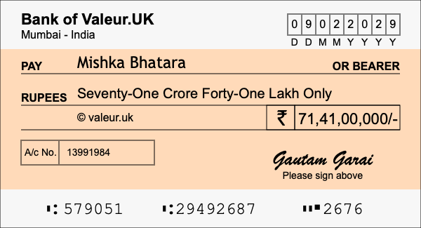 How to write a cheque for 71.41 crore rupees