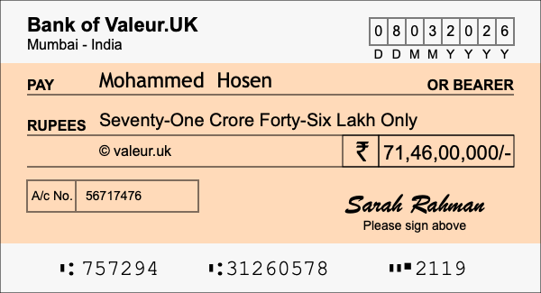 How to write a cheque for 71.46 crore rupees