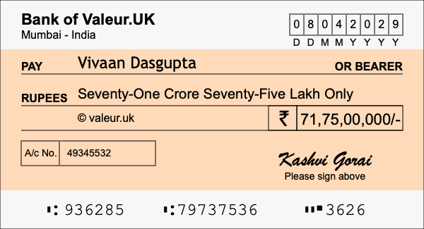 How to write a cheque for 71.75 crore rupees