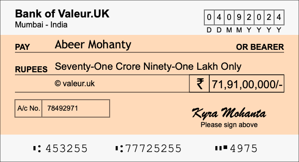 How to write a cheque for 71.91 crore rupees