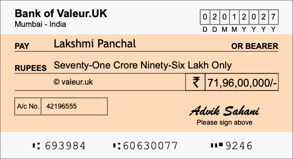 How to write a cheque for 71.96 crore rupees